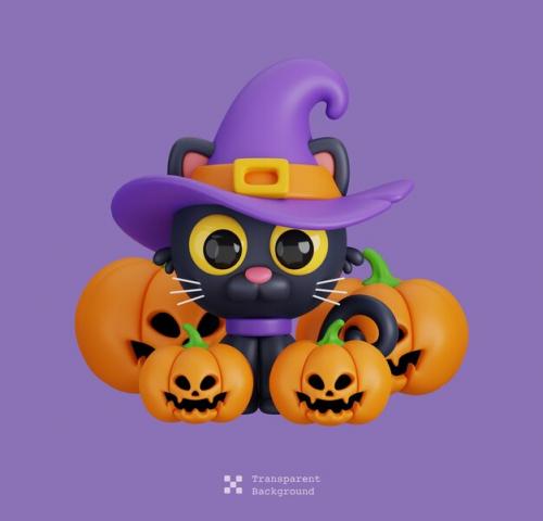 Funny Halloween Cartoon Character Cat Is Wearing A Witch Hat And Pumpkin Lanterns Isolated 3d