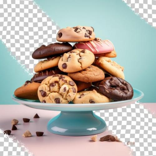 A Stack Of Cookies With Chocolate Chips And A Blue Background.