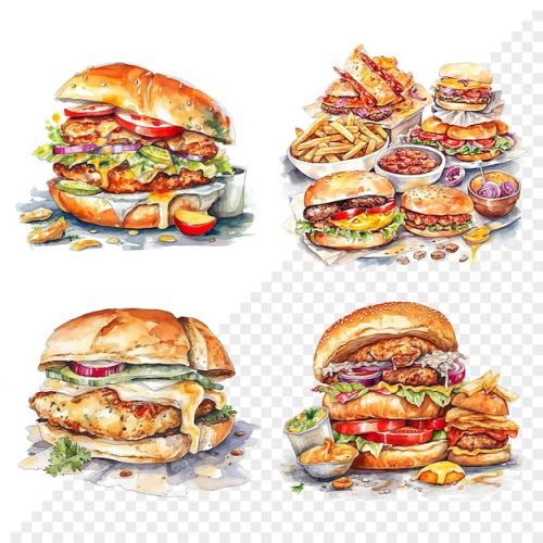 Set Of Fast Food Watercolor Clip Art