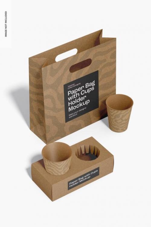 Paper Bag With Cups Holder Mockup, High Angle View
