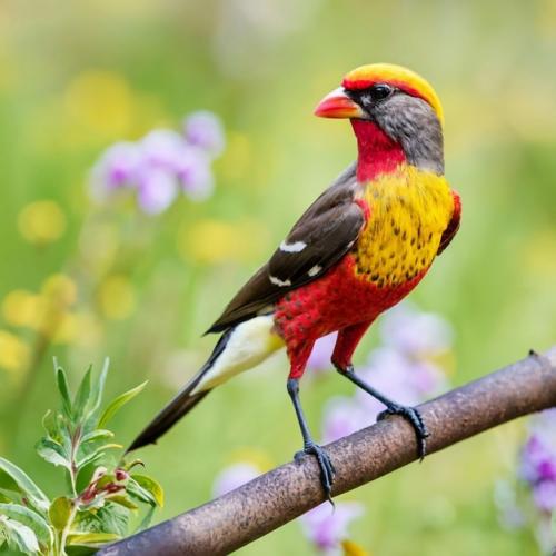 A Bird With A Yellow Head And Red Feathers Sits On A Branch With A Flower In The Background