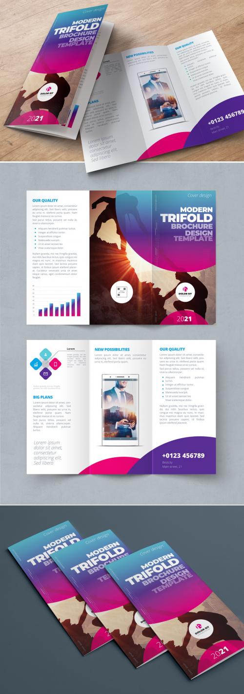 Purple, Pink, and Blue Gradient Trifold Brochure Layout with Circles - 334852753