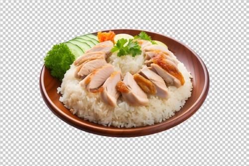 Boiled White Rice With Boiled Meat And Salad In A Wooden Plate Isolated On A Transparent Background