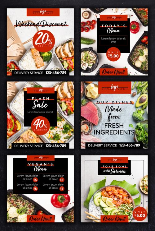 Restaurant Social Media Layout Set with Red and Back Accents - 354401647