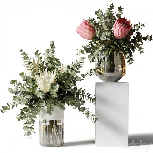 Bouquet with three white proteas and eucalyptus branches in a glass vase