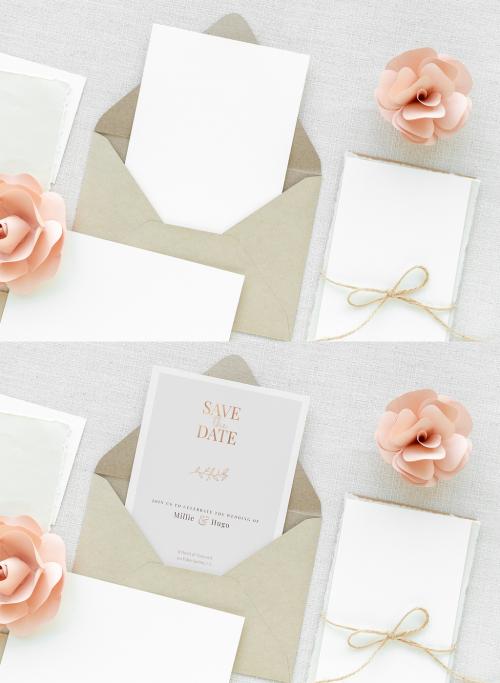 Wedding Card Template Mockup with Pink Roses - 433131335