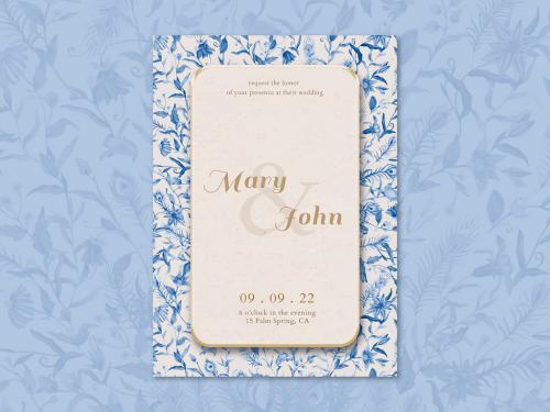 Wedding Invitation Card Template with Blue Watercolor Flowers Design - 434798815