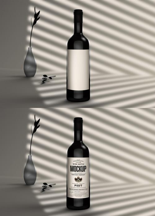 Wine Bottle Mockup in a White Background with Window Blind Shadows
