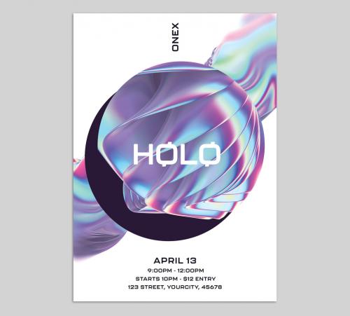 Holographic Design Event Poster Layout with Circle Abstract Shape