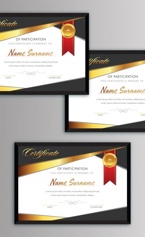 Participation Certificate Layout in White and Black Color with Golden Round Badge Ribbon