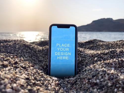 Phone Screen Mockup on the Sea Rocky Sand Beach
