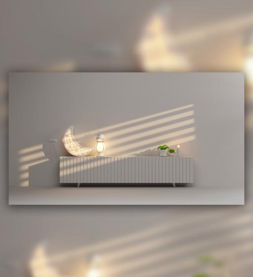 3D Render of a Crescent Moon with Lantern and Plants Ramadan Festival Concept