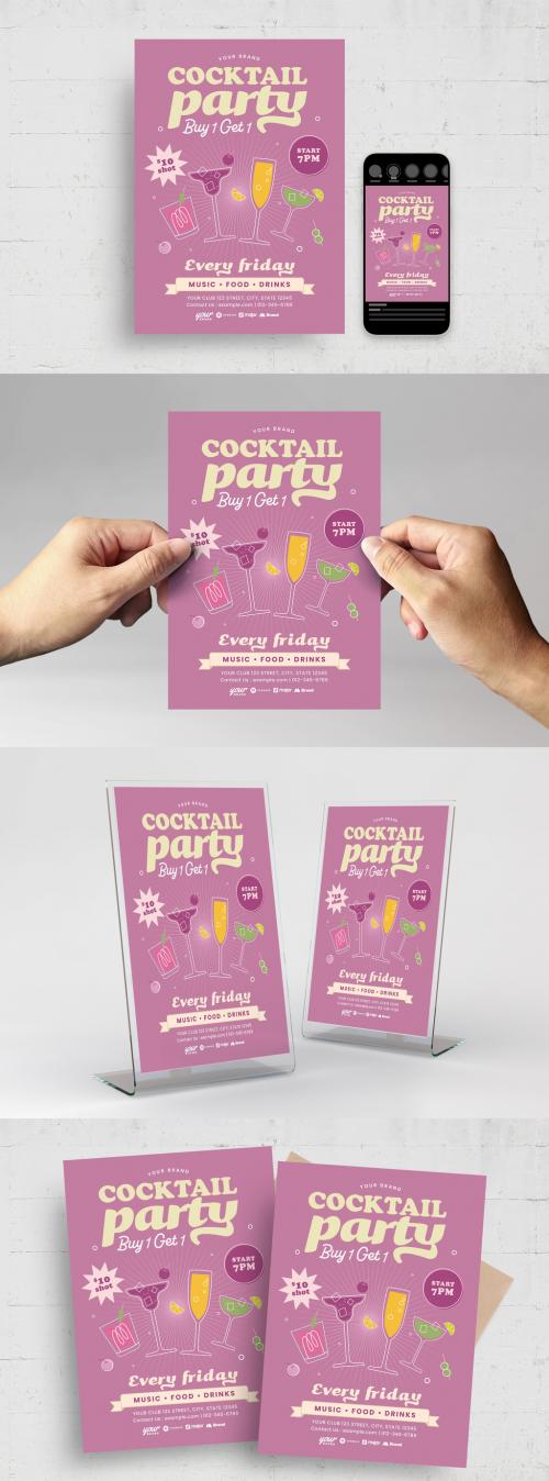 Retro Cocktail Party Flyer with Cocktail Illustrations