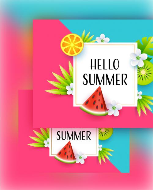 Pink and Blue Background Decorated with Fruits Leaves and Flowers for Hello Summer
