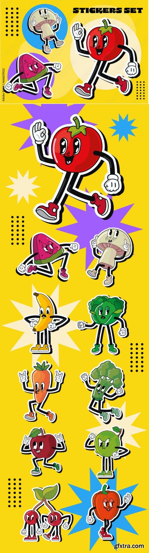 Vegetables and Fruits Cartoon Characters Sticker Set