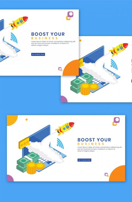 Boost Your Business Landing Page with Successful Launching a Project of Rocket from Laptop and Money Stack