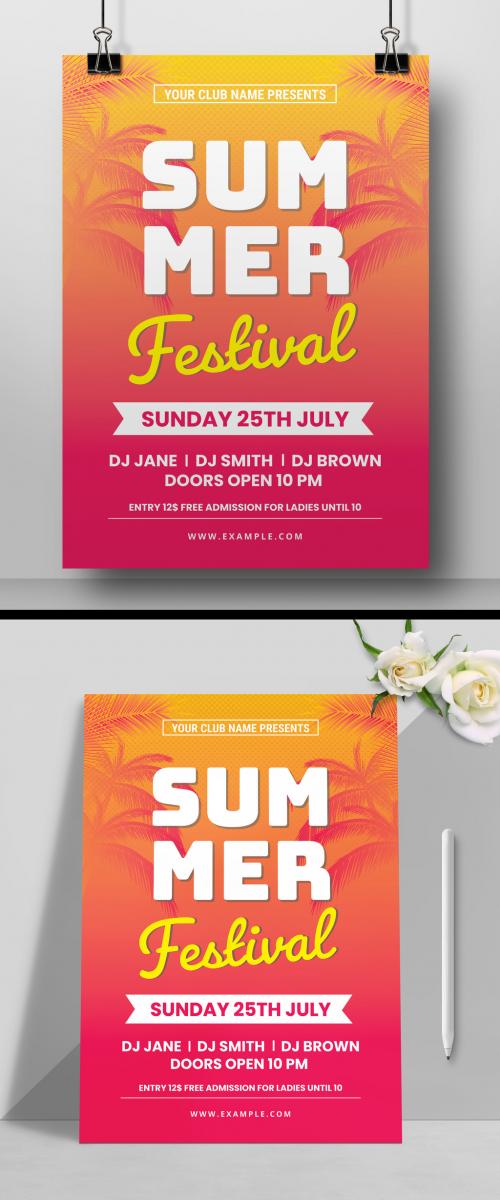Yellow Summer Party Flyer Layout with Palm Trees and Skyline