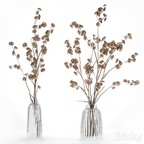 A set of flower bouquets in vases of dried flowers, palm branch, pampas grass, reed grass, hydrangea, thorns. 283