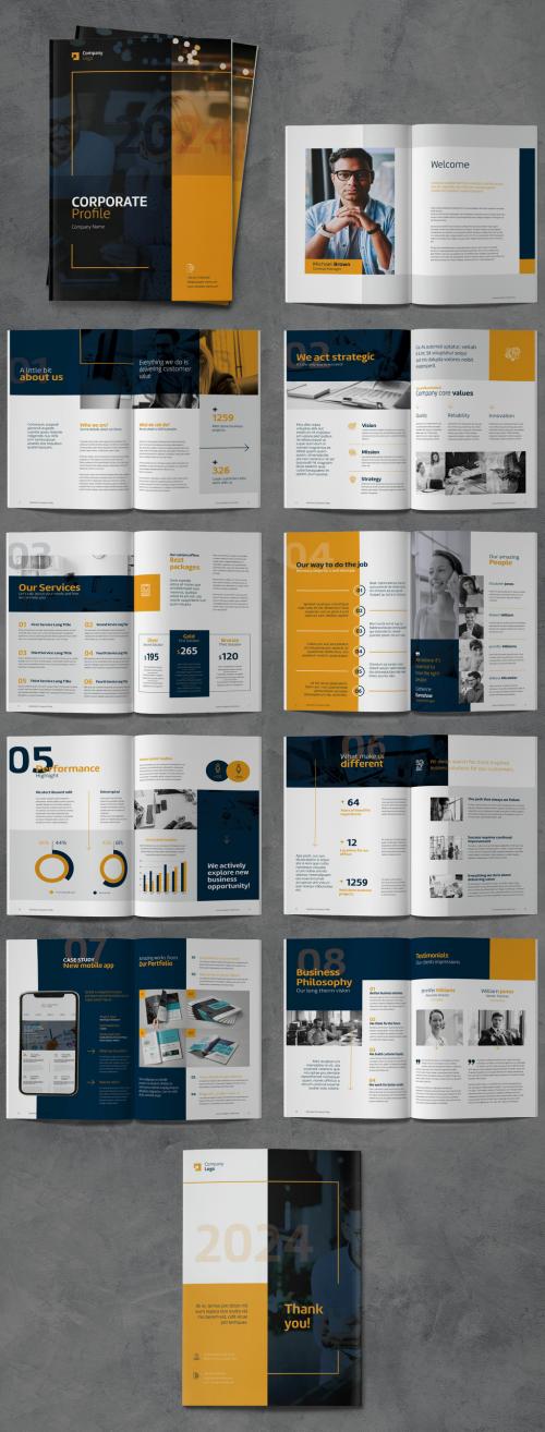 Business Company Profile Brochure with Blue and Yellow Accents