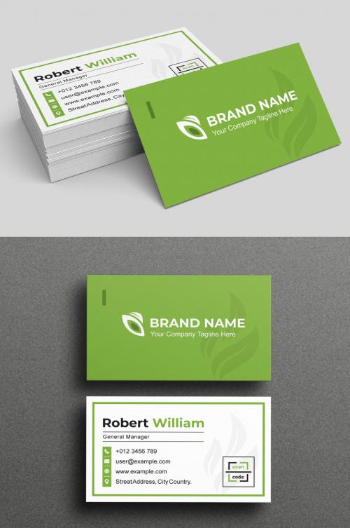 Green Business Card with Palm Tree Illustration