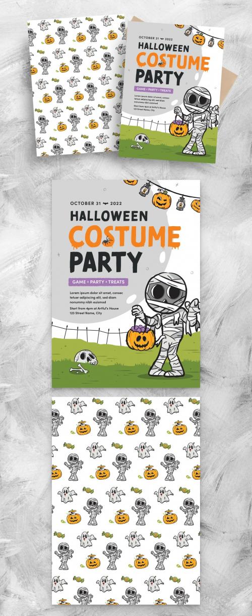 Kids Halloween Costume Party Flyer Poster with Zombie Character