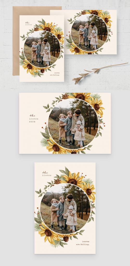 Rustic Autumn Fall Photo Card Layout with Sunflower Illustration