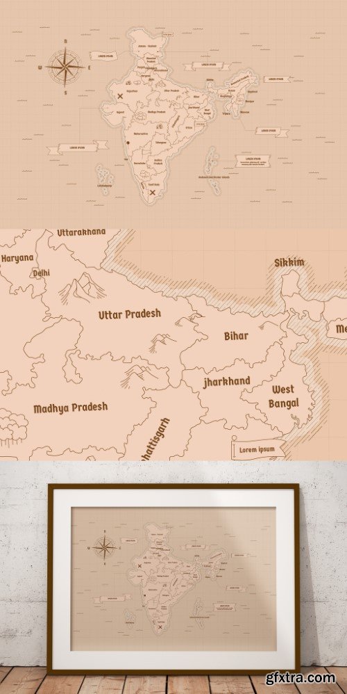 Vintage India Map Vector Layout