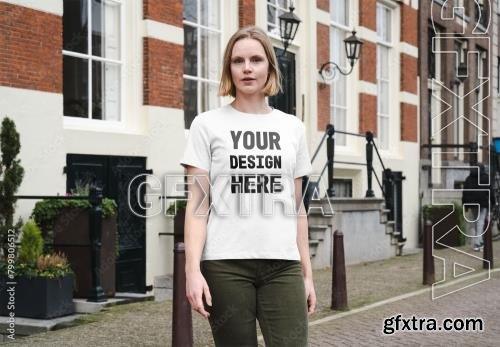 Mockup of woman wearing customized t-shirt 799806512