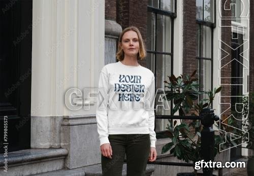 Mockup of woman in customizable sweatshirt by building 799805573