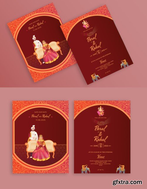 Beautiful Indian Wedding Invitation Cards with Hindu Couple Character in Traditional Attire.
