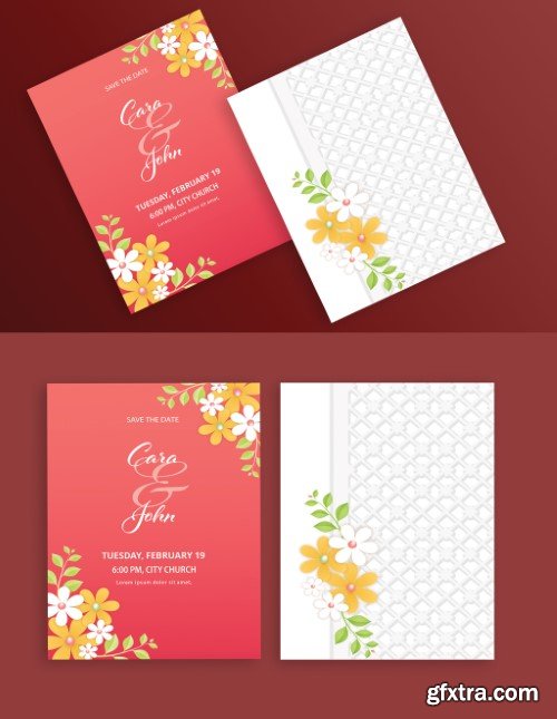 Floral Wedding Invitation Card with Double-Side in White and Red Color.