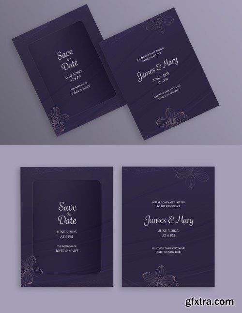 Wedding Invitation Card Template Layout in Front and Back Side.