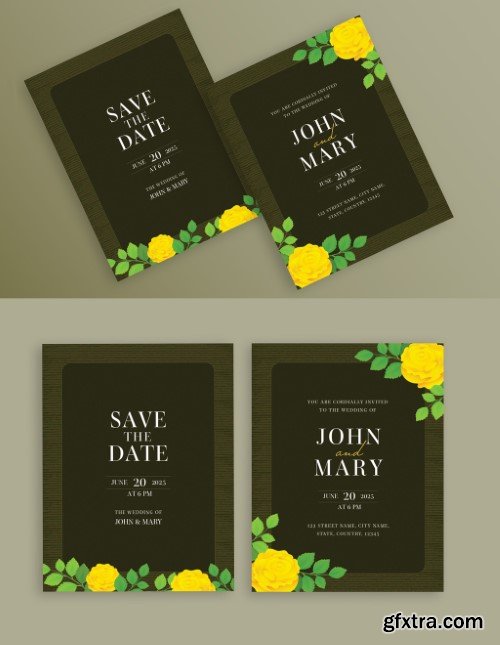 Double-Side of Wedding Invitation Card Design Decorated with Floral in Dark Olive Green Color.