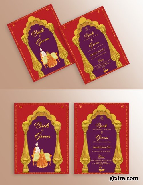 Indian Wedding Card Template Design with Bridegroom Character and Double-Side.