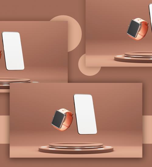3D Render of Smart Mobile Phone and a Smart Watch on Podium
