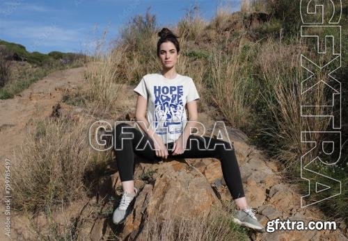 Mockup of woman wearing customizable sports t-shirt on sand dune 799785497