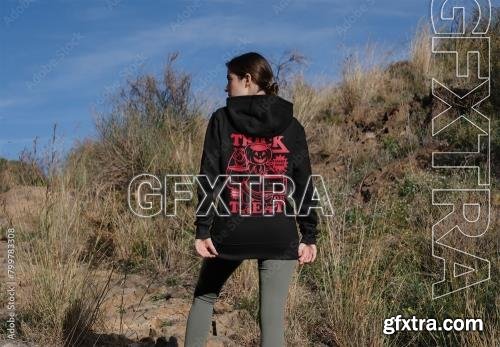 Mockup of woman wearing customized hoodie, rear view 799783308
