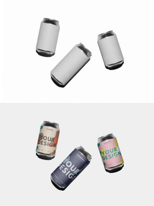 Mockup of Three Beverage Cans With Camera Flash Light