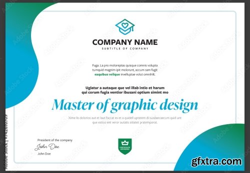 Certificate Template Design Layout Landscape Modern with Signature in White Blue and Green and Gradient Accents A4 and US Letter for InDesign 742610709