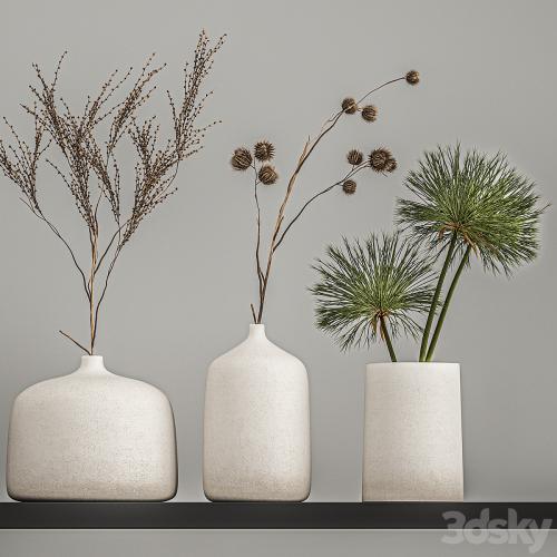 A set of bouquets of dried flowers in vases on the shelf with branches, thorns, lunnik, hogweed. 210