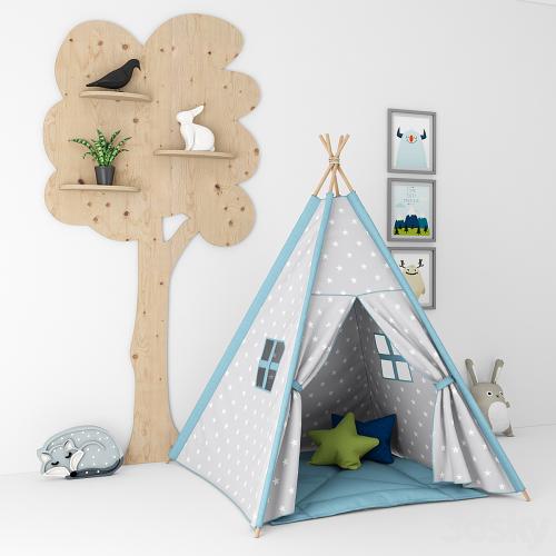 Decorative set for a nursery with a tent