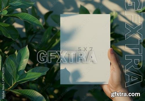 Wedding Card Mockup Against The Green Leaves With Mens Hand and Generative ai 797742173