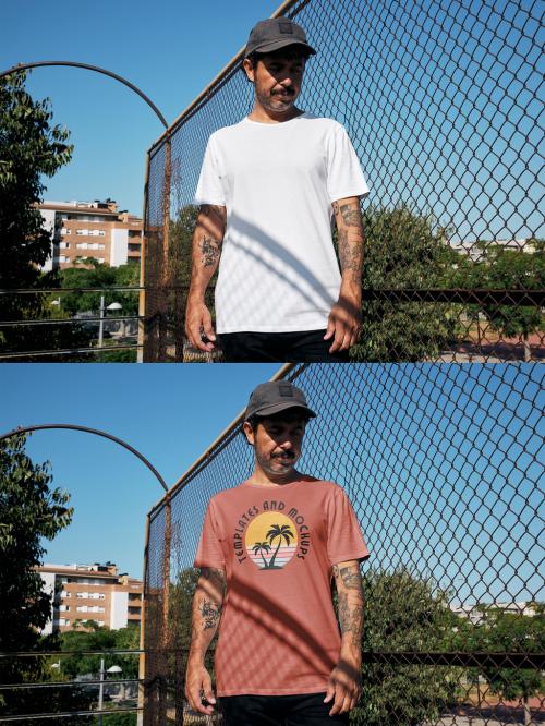 Man With T-Shirt Mockup With Sun Shadows and Customizable Color