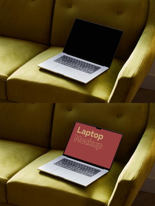 Metal Laptop Mockup on a Green Sofa at Home