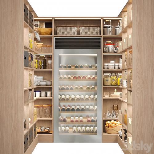 Pantry with spices, kitchen utensils