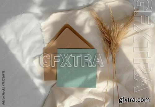 Square Card Mockup With Brown Envelope and Dry Pampas Grass, Generative ai 794736971