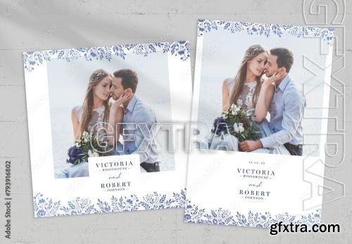 Minimal White & Blue Floral Photo Card Template 793916802