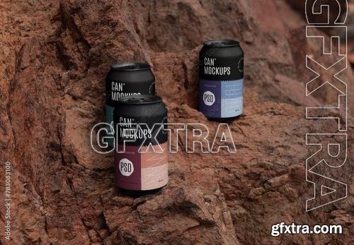 Three Cans Standing on Rocks Mockup 783083100