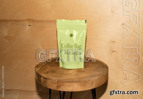 Coffee Bag Mockup on Wooden Stool Mockup 783075581
