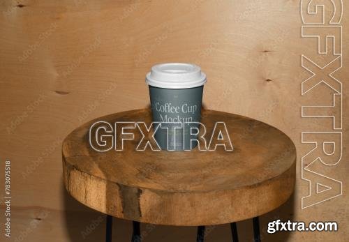 Coffee Cup on the Wooden Stool Mockup 783075518